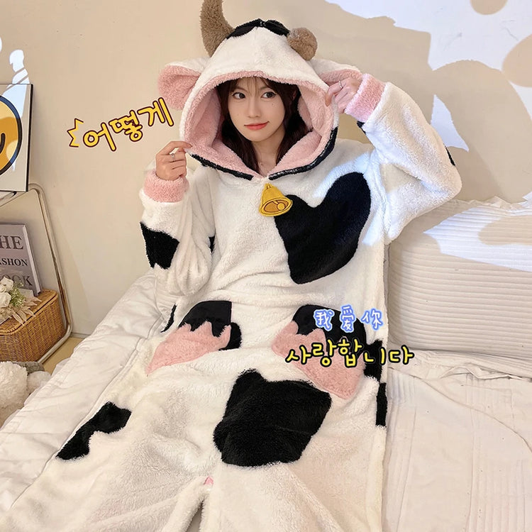 Women Onesie Kigurumis Cow Pajamas Adult Female Winter Sleepwear Zipper Hooded  Jumpsuits Thick Soft Warm Fleece Pijama Mujer