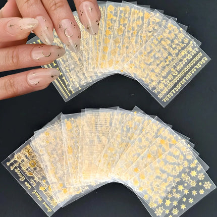 30 Sheets Gold Nail Art Stickers 3D Self‑Adhesive Nail Decals Gold Line Star Nail Stickers for Acrylic Nails Gold Leaf