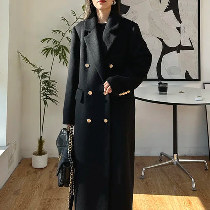 High-end Thick Double-sided Wool Coat Female Fashion Long  Autumn Winter Lapel Double Breasted Wool Coat Women Loose Outerwear