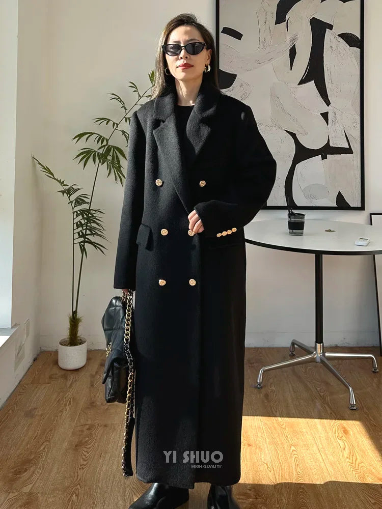 High-end Thick Double-sided Wool Coat Female Fashion Long  Autumn Winter Lapel Double Breasted Wool Coat Women Loose Outerwear