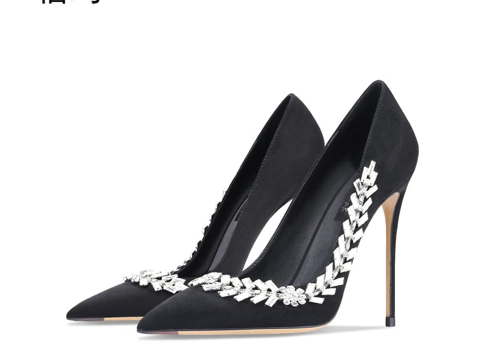Scarpe da donna di lusso 2024 nuove pompe da donna in cristallo nero scamosciato scarpe a punta con strass tacchi alti moda Stiletto luxury Party Wo platinumshop