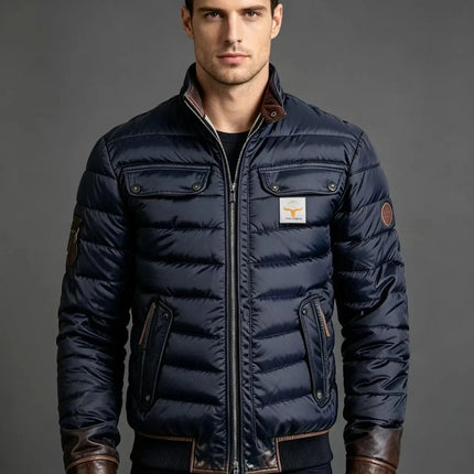 Men Winter Quilted Bomber Jacket Faux Leather Spliced Stand Collar Windproof Warm Coat Male Vintage Cowboy Badge Casual Outerwea