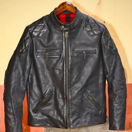 Genuine Leather Jacket Men Black Biker Coat Warm Windproof Snap Collar Zip Pockets Vintage Motorcycle Jacket Autumn Winter