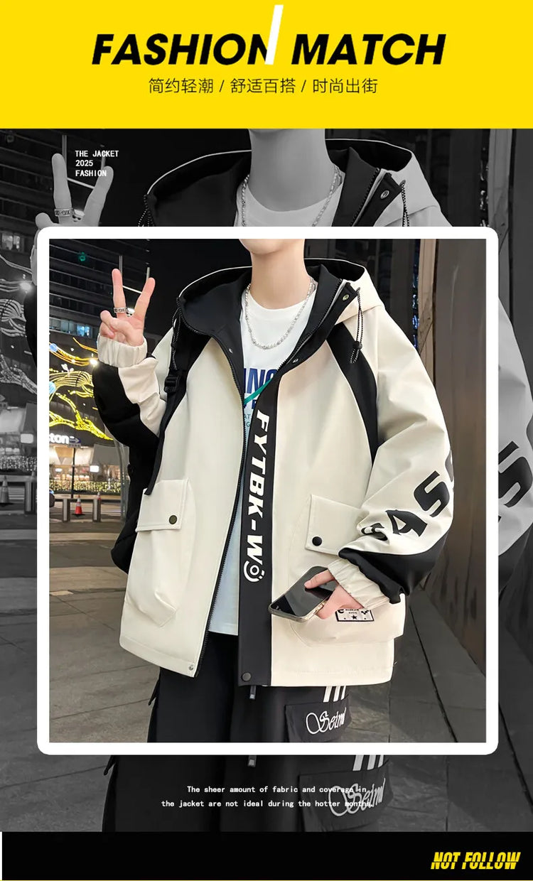 Fashion 2026 Spring Autumn Men's Casual Hooded Jackets Youth High Quality Streetwear Loose Coat Outdoor Windbreaker Top Clothing