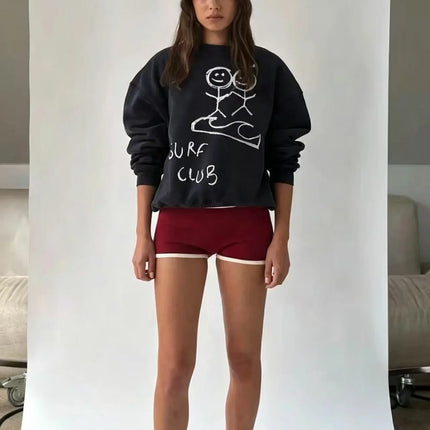 Navy Blue Cartoon Stick Figure Print Crew Neck Sweatshirt Women Loose Long Sleeve Vintage Streetwear Casual Pullover Tops Women