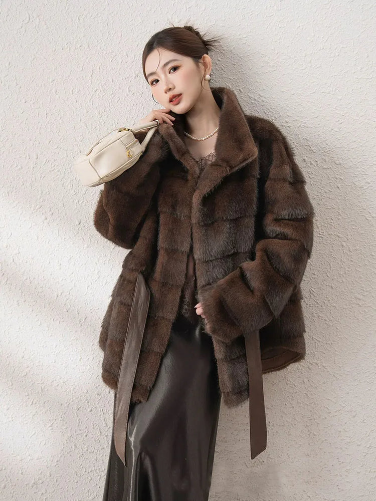 ZADORIN Luxury Designer Clothing Woman Mink Coat 2026 Chic Stand Collar Belted Brown Faux Fur Coat Woman Fluffy Fur Jacket Coats