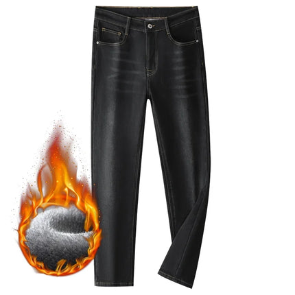 Autumn Winter Men Fleece Jeans Slight‑stretch Slim Straight Washed Thick Warm Denim Pants Luxury Outdoor Commute Casual Trousers