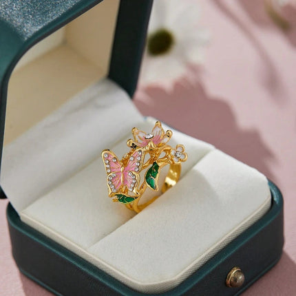 Aesthetic Flower Butterfly Rings for Female Romantic Rhinestone Stylish Non-fading Opening Ring Women Wedding Jewelry Party Gift PlatiNum