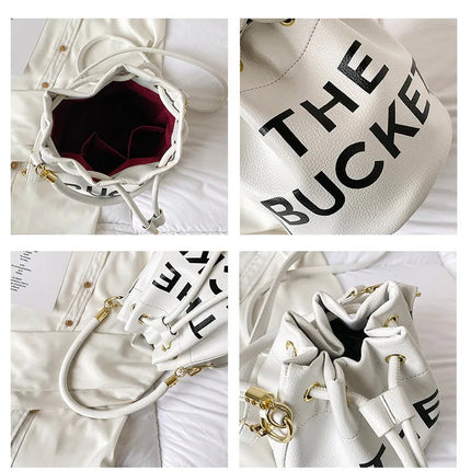 Spring New Fashion Letter PU Leather Bucket Bag Women Simple City Style Shoulder Handbag Trendy Crossbody Satchel Handbag PlatiNum