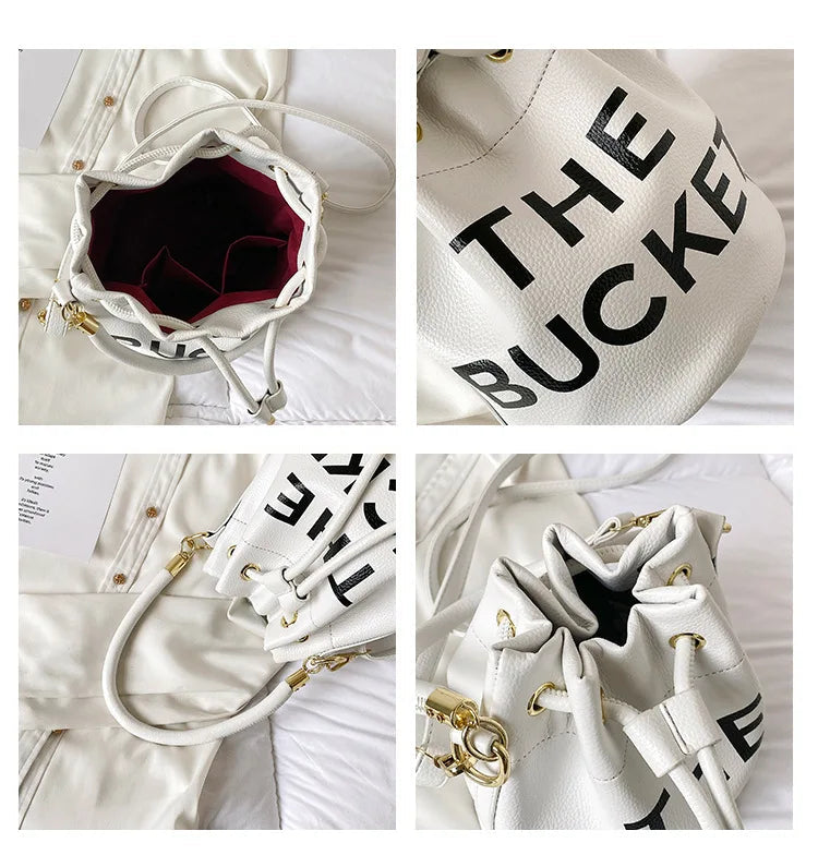 Spring New Fashion Letter PU Leather Bucket Bag Women Simple City Style Shoulder Handbag Trendy Crossbody Satchel Handbag PlatiNum