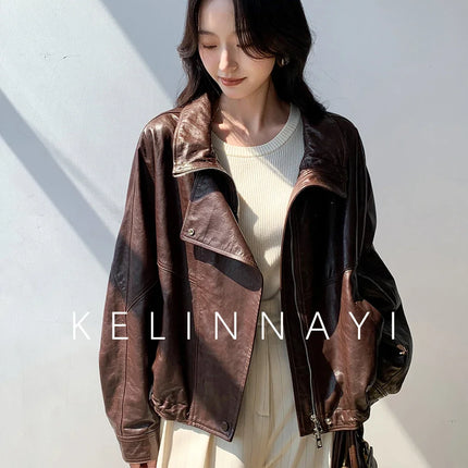 Waxed Sheepskin Genuine Leather Moto Biker Jacket Women Cropped Stand Collar Zip Up Snap Button Loose Casual Autumn Outwear 2026