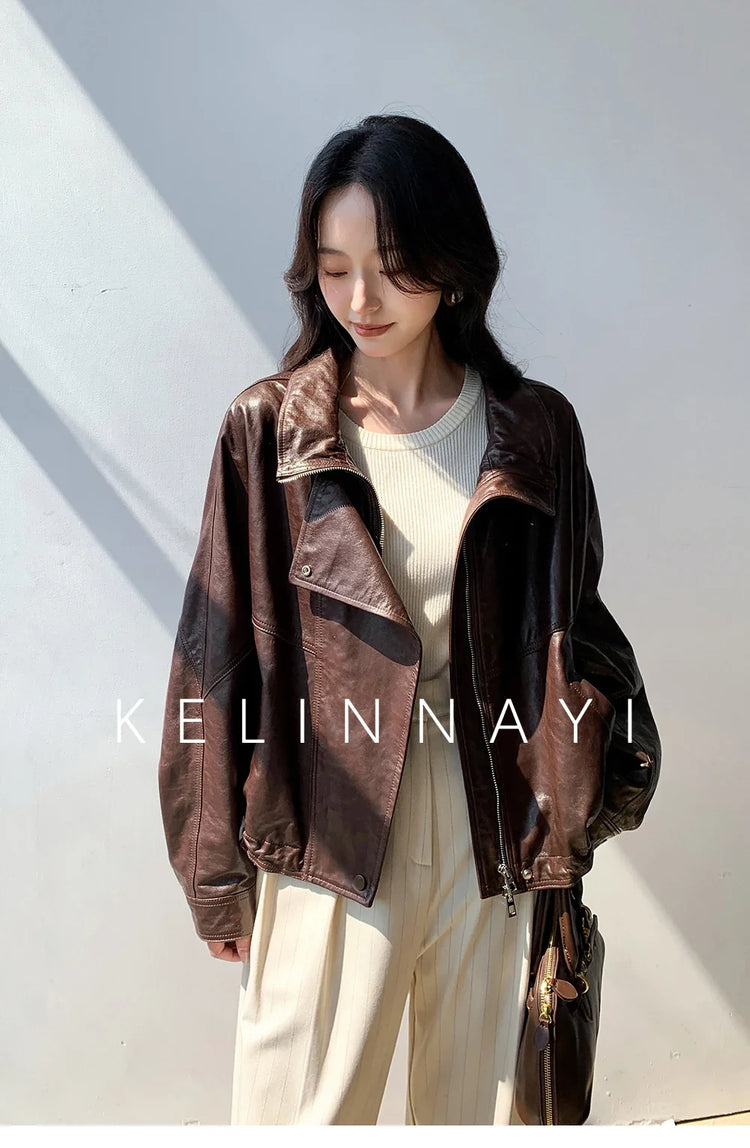 Waxed Sheepskin Genuine Leather Moto Biker Jacket Women Cropped Stand Collar Zip Up Snap Button Loose Casual Autumn Outwear 2026