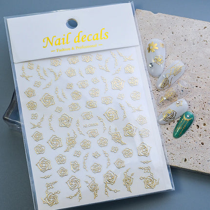 1pcs Gilded Hollow Flower Leaves Nail Art Stickers French Lines Bohemian Tassels 3D Nail Decals Rose Pattern Manicure Decoration