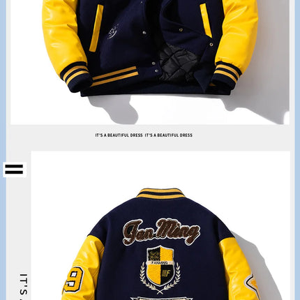 Winter Loose bomber jacket Men Woolen Retro Cotton Liner parkas couple streetwear PU leather sleeves baseball jacket chaquetas