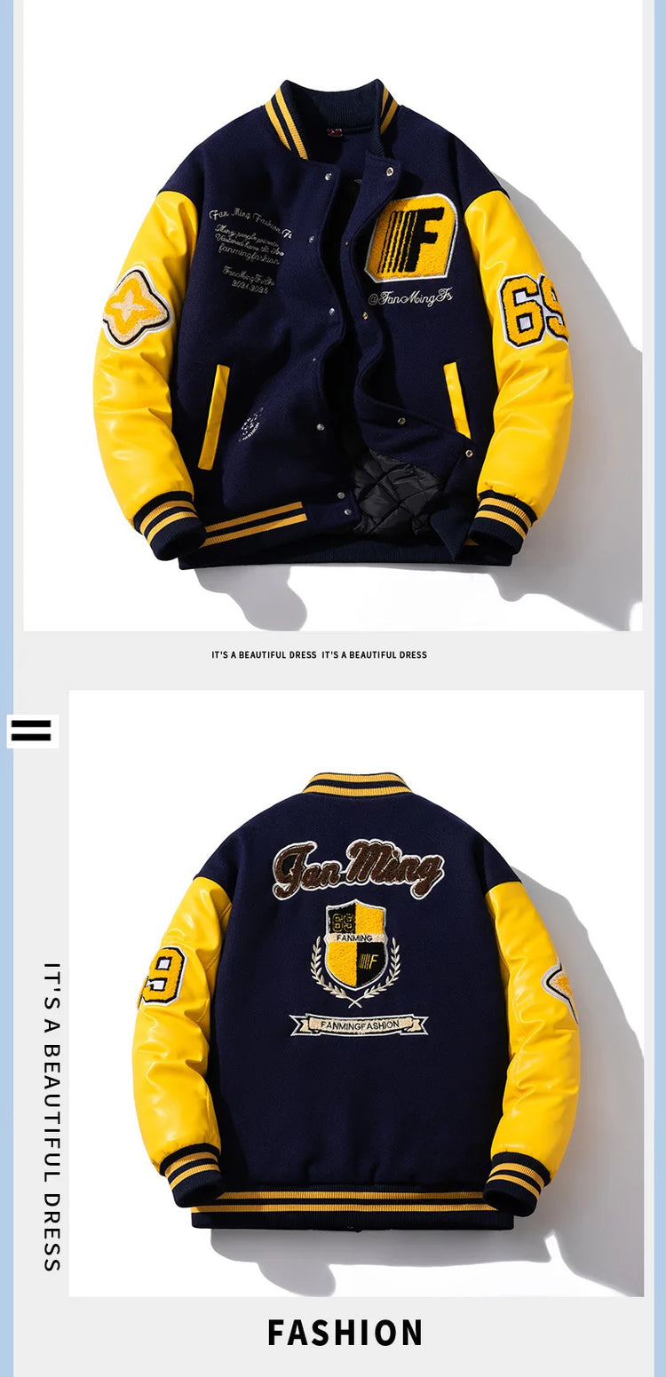 Winter Loose bomber jacket Men Woolen Retro Cotton Liner parkas couple streetwear PU leather sleeves baseball jacket chaquetas