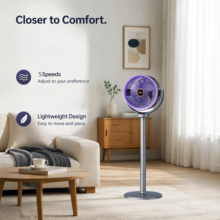Ventilatore a piantana e da tavolo 2-in-1 moderno, circolatore d'aria a 5 velocità, flusso d'aria a spirale, altezza regolabile, per casa, camera da letto, ufficio