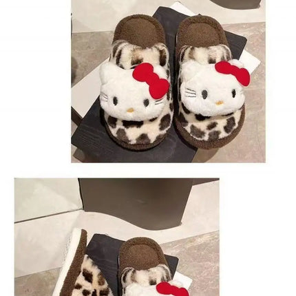 Women Cute Cartoon Cat Leopard Print Plush Slippers Warm Fuzzy Non-Slip Soft Sole Winter Indoor Bedroom Cozy House Home Shoes