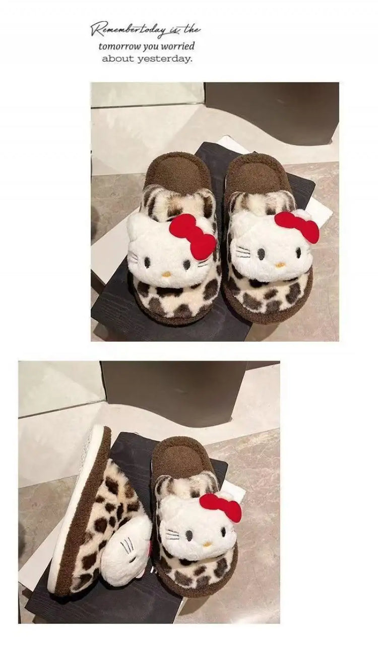 Women Cute Cartoon Cat Leopard Print Plush Slippers Warm Fuzzy Non-Slip Soft Sole Winter Indoor Bedroom Cozy House Home Shoes