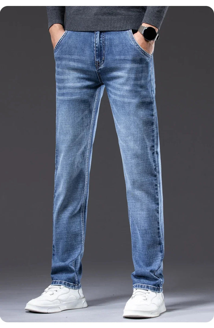 Autumn Men's Business Straight Fit Jeans Vintage Blue Smoke Gray Stretch Trousers Soft Comfortable Fabric Denim Pants Male PlatiNum