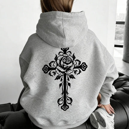 Women Rose Cross Carved Print Hoodie Unisex Autumn Winter Fleece Oversized Hooded Everyday Outdoors Hoodie for Any Occasion