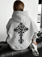 Women Rose Cross Carved Print Hoodie Unisex Autumn Winter Fleece Oversized Hooded Everyday Outdoors Hoodie for Any Occasion