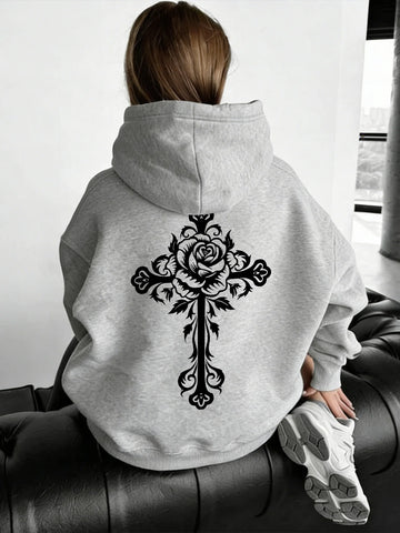 Women Rose Cross Carved Print Hoodie Unisex Autumn Winter Fleece Oversized Hooded Everyday Outdoors Hoodie for Any Occasion