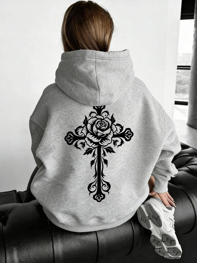 Women Rose Cross Carved Print Hoodie Unisex Autumn Winter Fleece Oversized Hooded Everyday Outdoors Hoodie for Any Occasion