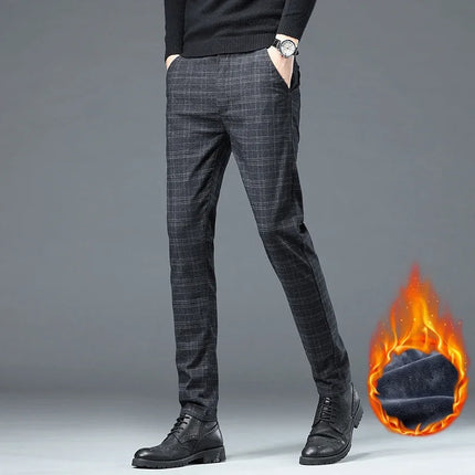 Autumn Winter New Fleece Thickened Casual Pants Men Business Straight Slim Plaid Pants Black Gray Men's Warm Trousers