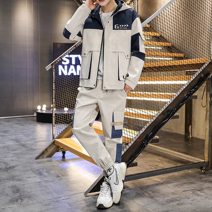 Men's Casual Sports Sets Spring Autumn Tracksuit Jogging Set Patchwork flight Hooded jacket pants two Piece
