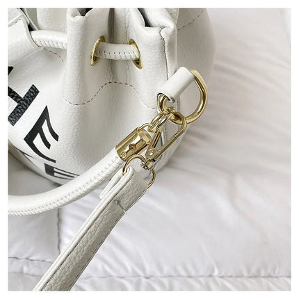 Spring New Fashion Letter PU Leather Bucket Bag Women Simple City Style Shoulder Handbag Trendy Crossbody Satchel Handbag PlatiNum