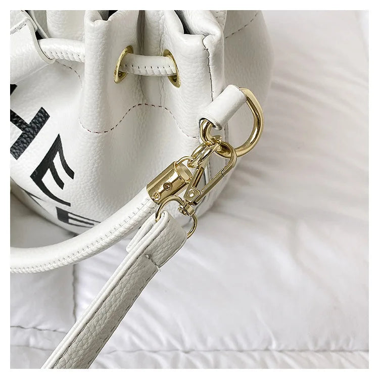 Spring New Fashion Letter PU Leather Bucket Bag Women Simple City Style Shoulder Handbag Trendy Crossbody Satchel Handbag PlatiNum
