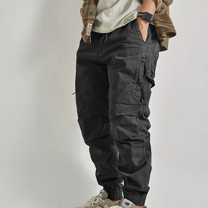 Autumn New American Retro Woven Cargo Pants Men's 97.5% Cotton Washed Elastic Waist Drawstring Loose Casual Anke-tied Trousers