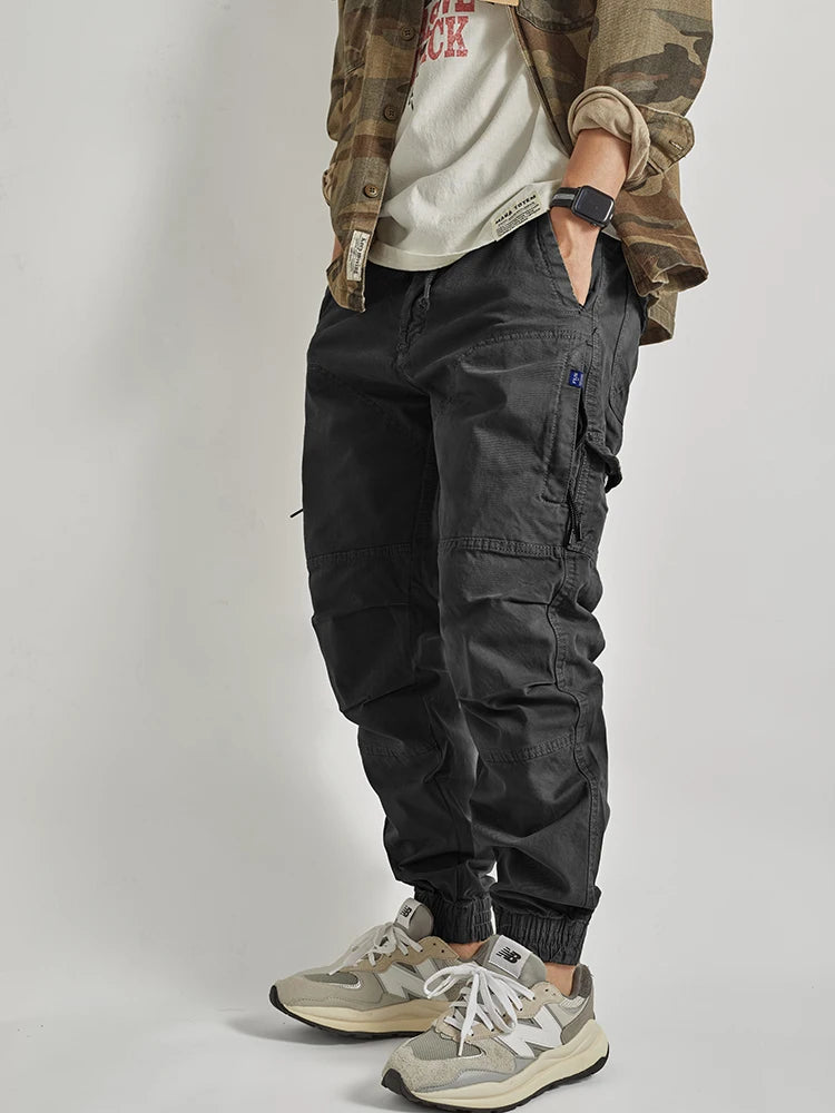 Autumn New American Retro Woven Cargo Pants Men's 97.5% Cotton Washed Elastic Waist Drawstring Loose Casual Anke-tied Trousers