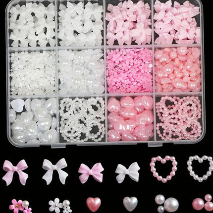 1 Box Pink White Series Bow Heart Nail Charms 3D Arcylic Nail Art Decorations Pearl 5-petal Flower Jewelry Manicure Accessories*
