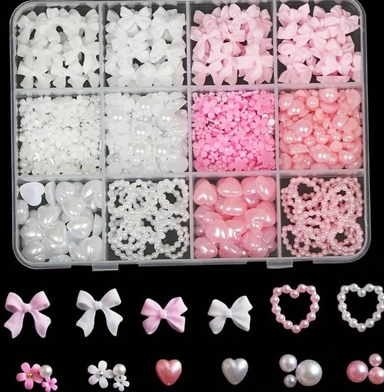 1 Box Pink White Series Bow Heart Nail Charms 3D Arcylic Nail Art Decorations Pearl 5-petal Flower Jewelry Manicure Accessories*