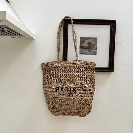 Hylhexyr Women's Letter Embroidered Shoulder Bag Woven Straw Bag Large Capacity Empty Holiday Beach Bags