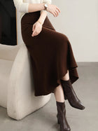 Grace Women's Skirt 100% Merino Wool Skirt Hip Hugging A-Line Wave Skirt Knitted Warm Autumn Winter Dress Slim Office Lady Skirt PlatiNum