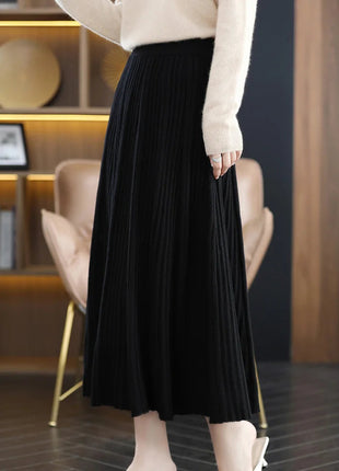 100% Merino Wool Women’s Knitted Skirt Spring Autumn Winter  Long Pleated Grace Skirts High Waist A-Line Cashmere Comfortable PlatiNum