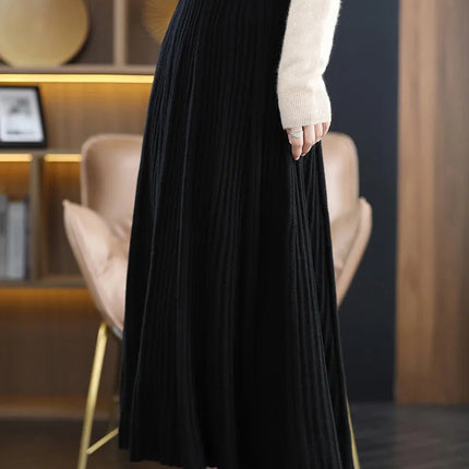 100% Merino Wool Women’s Knitted Skirt Spring Autumn Winter  Long Pleated Grace Skirts High Waist A-Line Cashmere Comfortable PlatiNum