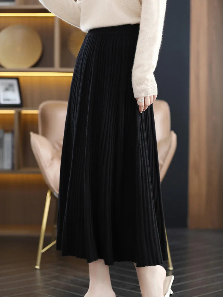 100% Merino Wool Women’s Knitted Skirt Spring Autumn Winter  Long Pleated Grace Skirts High Waist A-Line Cashmere Comfortable PlatiNum