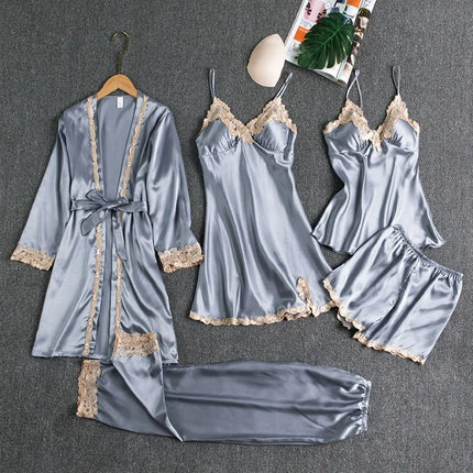 2025 Conjunto de pijama de raso de lujo de 5 piezas para mujer, ropa de dormir sedosa, bata de encaje, camisón, cami, pantalones cortos, pantalones, elegante pijama, novedad