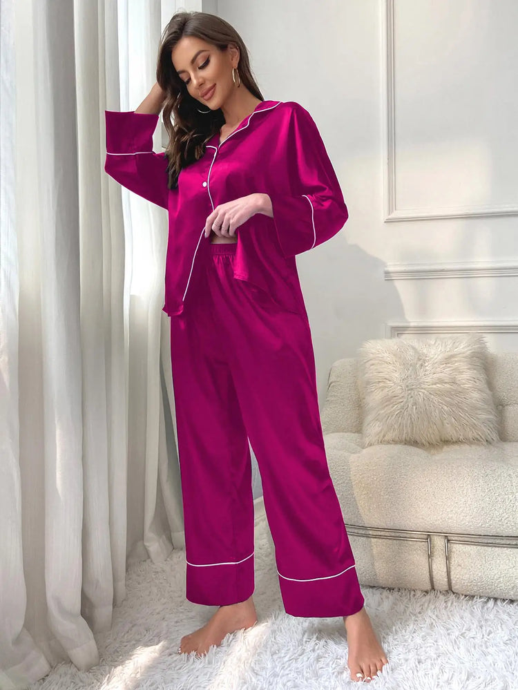 Pigiama da donna Completo da notte Completo da pigiama Pj Set Top a maniche lunghe in raso con pantaloni Pigiama da 2 pezzi Pigiama da donna