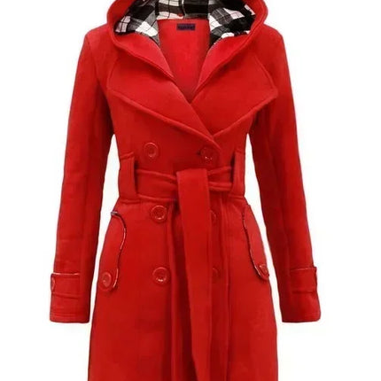 2026 Autumn Women's Hooded Overcoat Trend Double-Breasted Design Belt Side Pockets Plaid Splice Woolen Coats Winter Jacket Femme