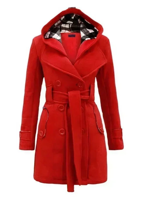 2026 Autumn Women's Hooded Overcoat Trend Double-Breasted Design Belt Side Pockets Plaid Splice Woolen Coats Winter Jacket Femme