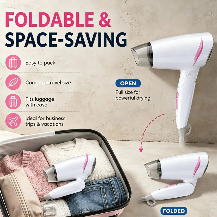 1600W Dual Voltage Hair Dryer Foldable Design 100-240V Portable Travel Hairdryer Hot Cold Air Styling Tool Hotel Use