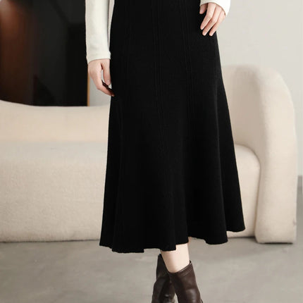 Grace Women's Skirt 100% Merino Wool Skirt Hip Hugging A-Line Wave Skirt Knitted Warm Autumn Winter Dress Slim Office Lady Skirt PlatiNum