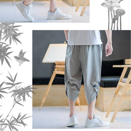 Pantaloni Kimono giapponesi da uomo in cotone traspirante Samurai Abbigliamento Pantaloni da uomo Stampa allentata Pantaloncini Harem retrò Pantaloni Hip Hop Harajuku