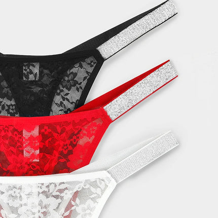 3pcs Sexy Thongs Lace Women Underwear Perspective Floral Panties Low Rise Two Shiny Belts G-string Comfortable Intimate Lingerie