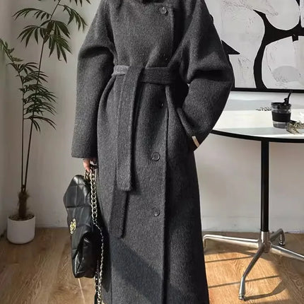 Korean Fashion Dark Gray Stand Collar 100%Wool Coat Women Long Winter Jacket