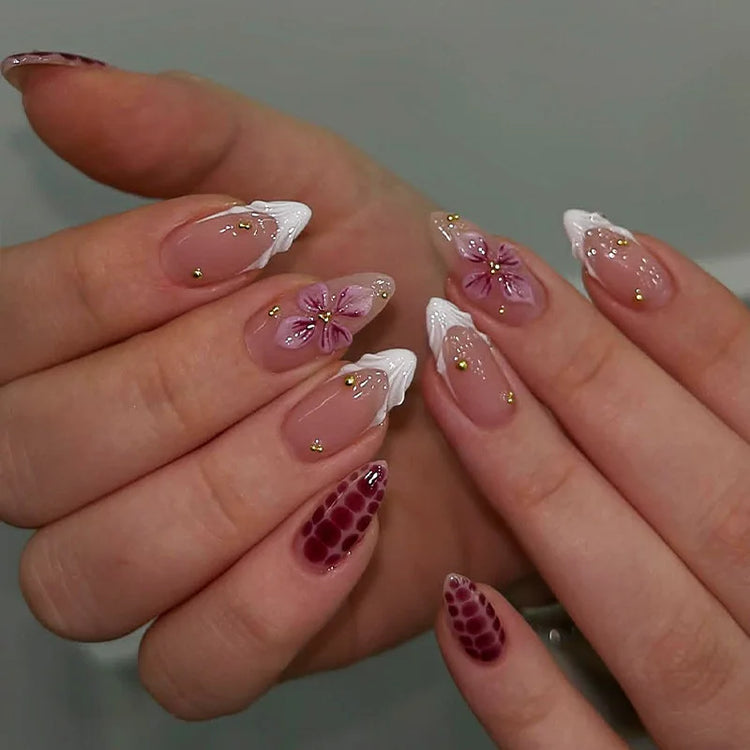 24pcs Pink Flower Almond Press on Nails Kawaii False Nails Wearable Stick-on Nails Fake Nail Uñas Postizas Накладные Ногти 네일팁2028